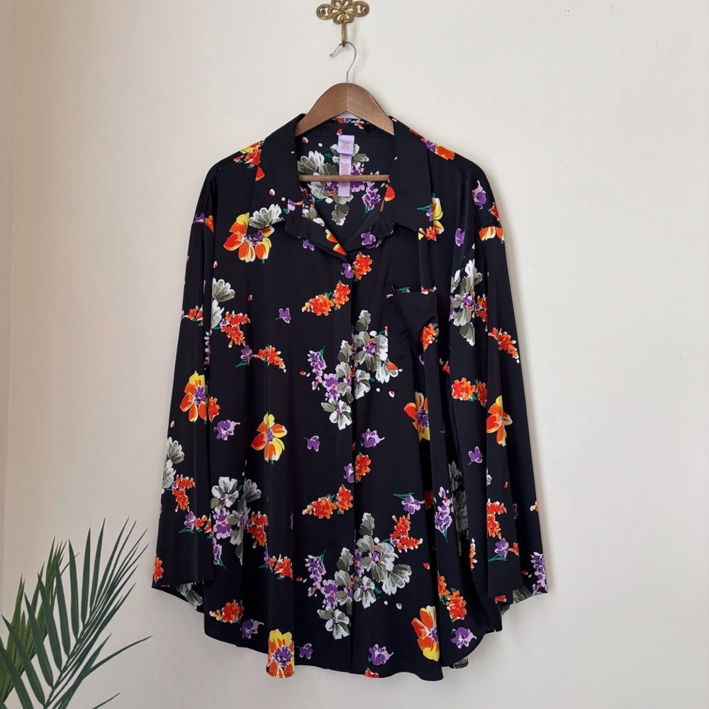 Savage X Fenty Night Blooms Satin Sleep Shirt 1X Black Caviar Bedtime Bouquet